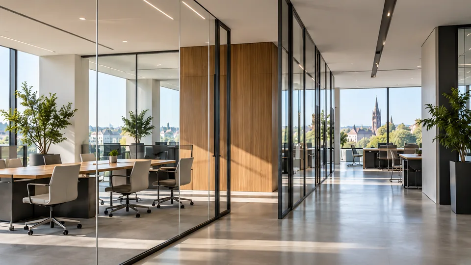Helle Büroarchitektur mit Glaswänden und Blick auf das Freiburger Münster – illustrative Darstellung