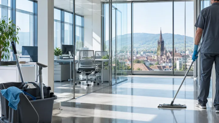 Reinigungskraft bei der Büroreinigung in einem Freiburger Bürogebäude mit Blick auf das Münster