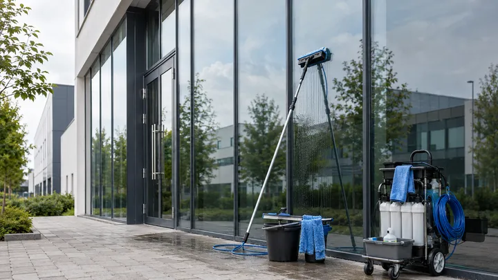 Glasfassade eines Gewerbegebäudes wird mit Teleskopstange und Osmoseanlage gereinigt