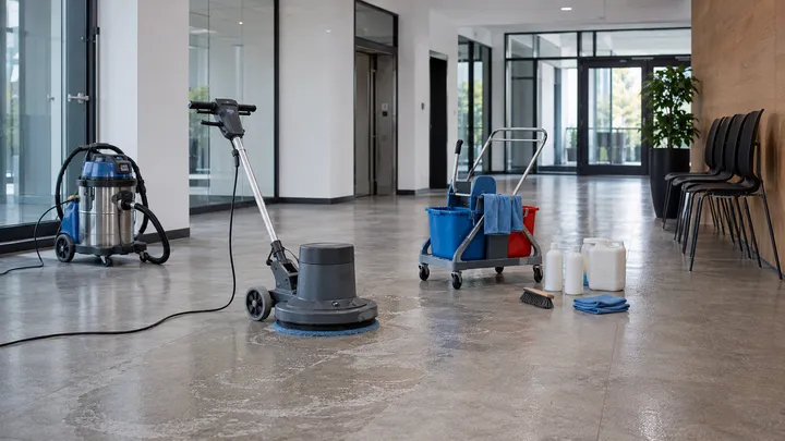 Einscheibenmaschine und Nasssauger bei der Grundreinigung einer Eingangshalle