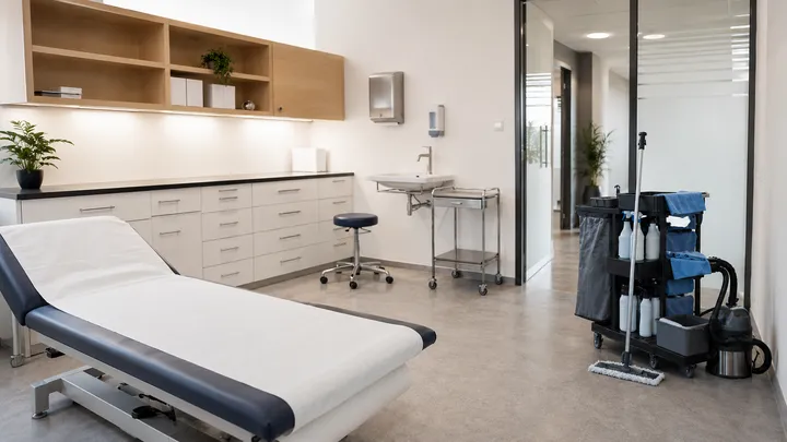 Behandlungsraum einer Arztpraxis mit Hygiene-Reinigungswagen