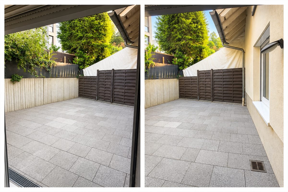Gereinigte Terrasse mit Steinplatten und Sichtschutz nach der Grundreinigung